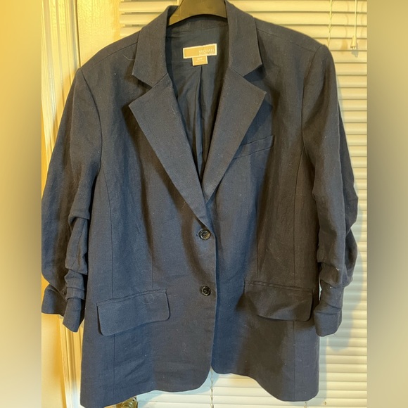 EUC Michael Kors navy linen blazer with ruched sleeves, size 18W - Picture 1 of 8